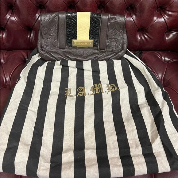 L.A.M.B. Dorset Chocolate Brown Leather Clutch with Faux Snakeskin - Picture 1 of 14